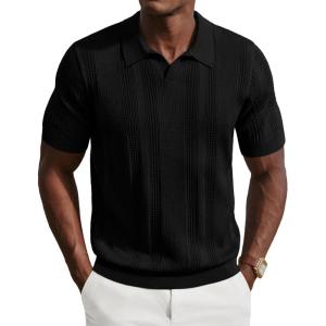 PJ PAUL JONES Mens Polo Shirts Short Sleeve V Neck Knit Shirt Casual Golf Polos(Black)