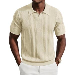 PJ PAUL JONES Mens Polo Shirts Short Sleeve V Neck Knit Shirt Casual Golf Polos(Cream)