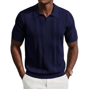 PJ PAUL JONES Mens Polo Shirts Short Sleeve V Neck Knit Shirt Casual Golf Polos(Navy Blue)
