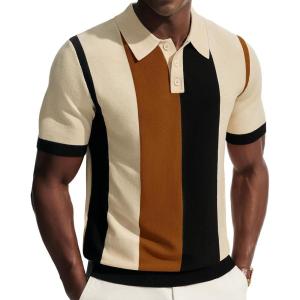 PJ PAUL JONES Men’s Polo Shirts Vintage Striped Button Down Shirts Casual Knitting Shirts(Apricot)