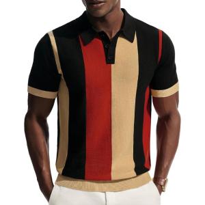 PJ PAUL JONES Men’s Polo Shirts Vintage Striped Button Down Shirts Casual Knitting Shirts(Black)