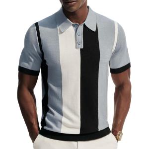 PJ PAUL JONES Men’s Polo Shirts Vintage Striped Button Down Shirts Casual Knitting Shirts(Blue)