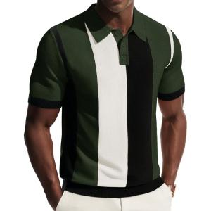 PJ PAUL JONES Men’s Polo Shirts Vintage Striped Button Down Shirts Casual Knitting Shirts(Green)