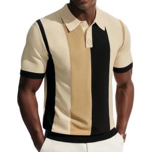 PJ PAUL JONES Men’s Polo Shirts Vintage Striped Button Down Shirts Casual Knitting Shirts(Khaki)