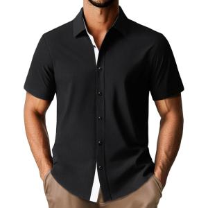 PJ PAUL JONES Men’s Short Sleeve Button Down Casual Dress Shirt(Black)