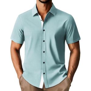 PJ PAUL JONES Men’s Short Sleeve Button Down Casual Dress Shirt(Blue)