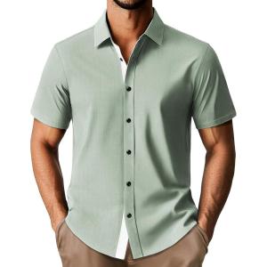 PJ PAUL JONES Men’s Short Sleeve Button Down Casual Dress Shirt(Green)