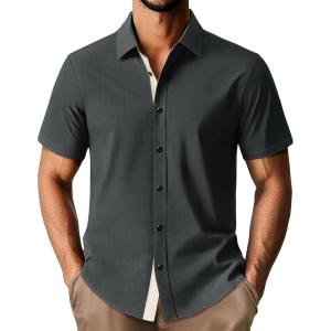 PJ PAUL JONES Men’s Short Sleeve Button Down Casual Dress Shirt(Grey Black)