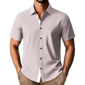 PJ PAUL JONES Men’s Short Sleeve Button Down Casual Dress Shirt(Grey Pink)
