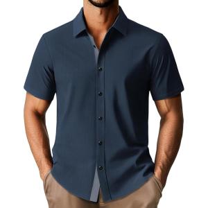 PJ PAUL JONES Men’s Short Sleeve Button Down Casual Dress Shirt(Navy Blue)