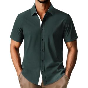 PJ PAUL JONES Men’s Short Sleeve Button Down Casual Dress Shirt(Olive Green)
