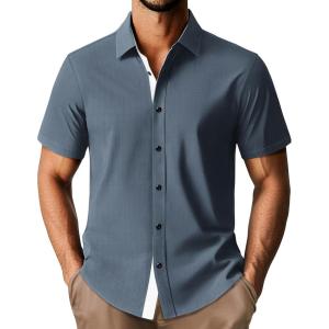 PJ PAUL JONES Men’s Short Sleeve Button Down Casual Dress Shirt(Purple Blue)