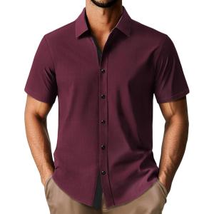 PJ PAUL JONES Men’s Short Sleeve Button Down Casual Dress Shirt(Red)
