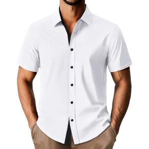 PJ PAUL JONES Men’s Short Sleeve Button Down Casual Dress Shirt(White)
