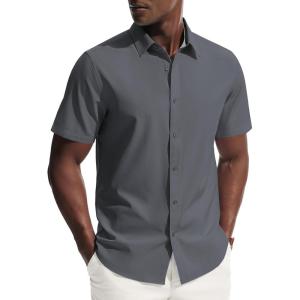 PJ PAUL JONES Mens Short Sleeve Dress Shirts Stretch Wrinke Free Untucked Business Casual Button Down Shirt Regular Fit(Grey)