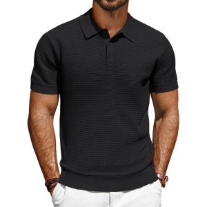 PJ PAUL JONES Men’s Short Sleeve Waffle Texture Polo Shirt(Black)