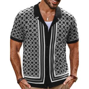 PJ PAUL JONES Men’s Vintage Button Down Cuban Collar Knitted Polo Shirt(Black)