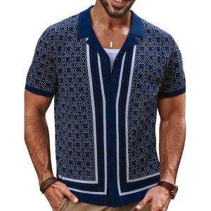 PJ PAUL JONES Men’s Vintage Button Down Cuban Collar Knitted Polo Shirt(Dark Blue)