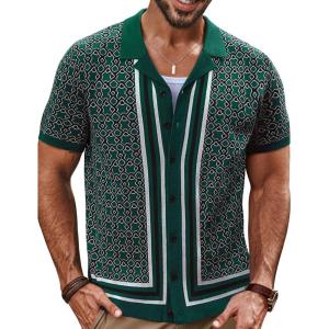 PJ PAUL JONES Men’s Vintage Button Down Cuban Collar Knitted Polo Shirt(Green)
