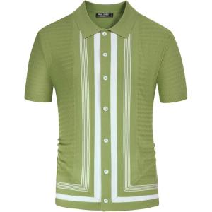 PJ PAUL JONES Men’s Vintage Stripe Knit Polo Shirts Short Sleeve Stylish Button Down Cardigan Sweater(Matcha)