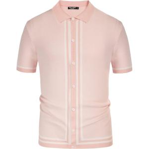 PJ PAUL JONES Men’s Vintage Stripe Knit Polo Shirts Short Sleeve Stylish Button Down Cardigan Sweater(Pink)