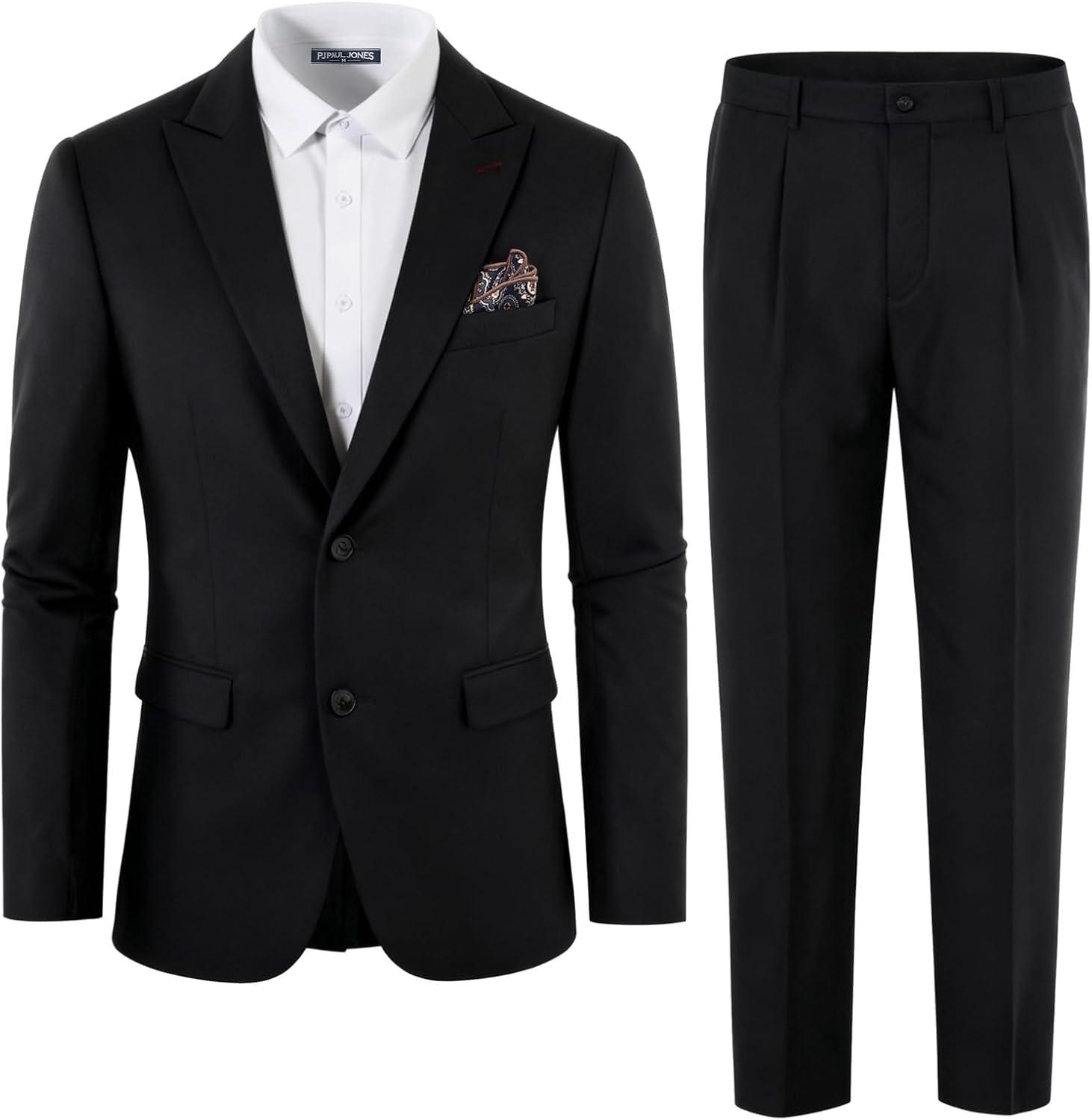 imagePJ PAUL JONES Mens 2 Piece Suit Vintage Herringbone Tweed Suits 2 Button Peak Lapel Blazer Pants SetBlack