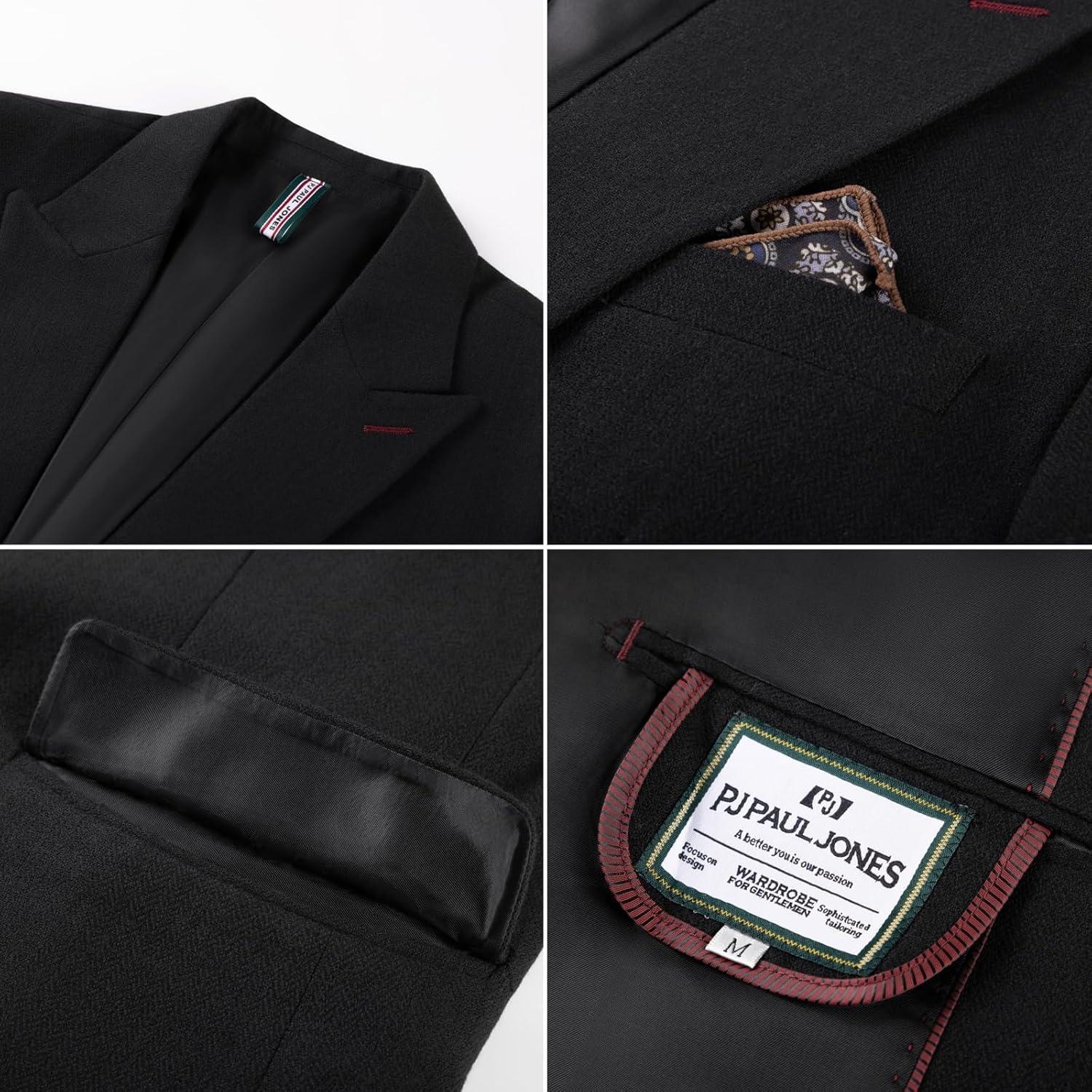 imagePJ PAUL JONES Mens 2 Piece Suit Vintage Herringbone Tweed Suits 2 Button Peak Lapel Blazer Pants SetBlack