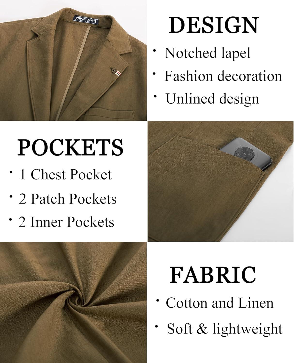 imagePJ PAUL JONES Mens Casual Blazer Lightweight Linen Sport Coat 2 Button Unlined Suit JacketsDark Khaki
