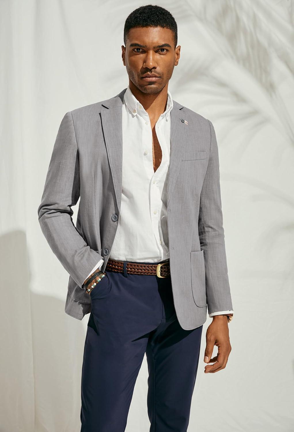 imagePJ PAUL JONES Mens Casual Blazer Lightweight Linen Sport Coat 2 Button Unlined Suit JacketsLight Grey