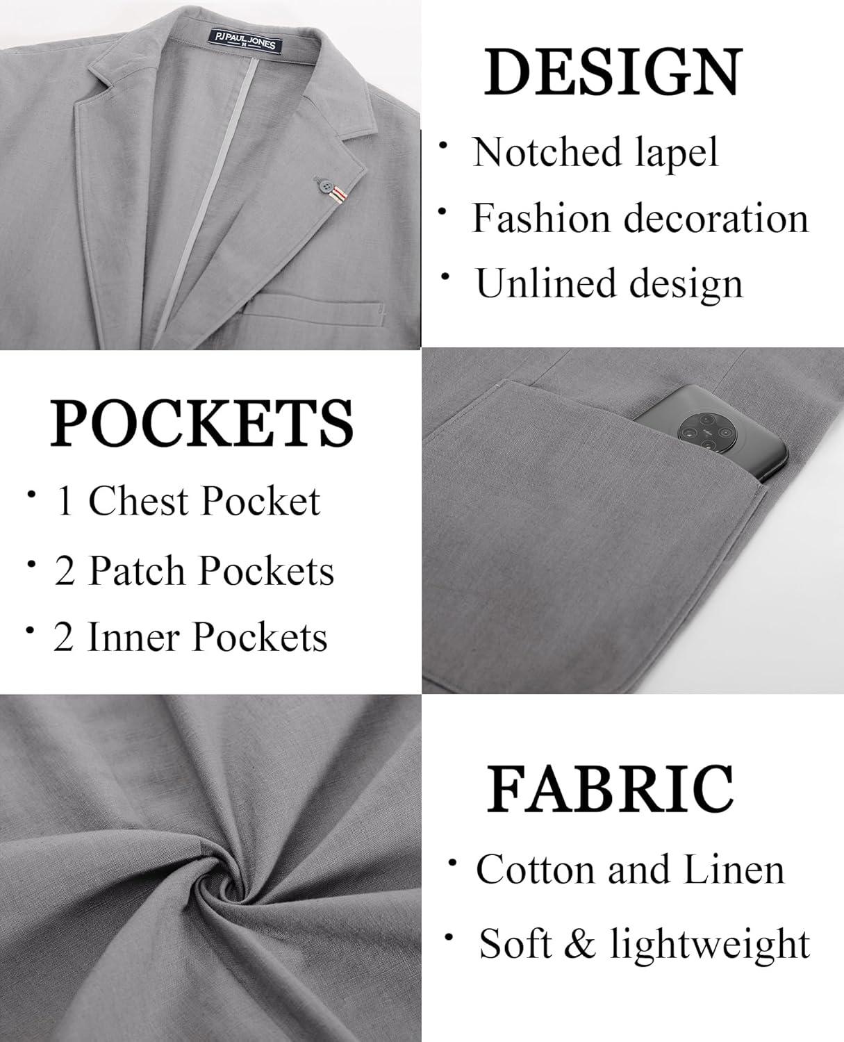 imagePJ PAUL JONES Mens Casual Blazer Lightweight Linen Sport Coat 2 Button Unlined Suit JacketsLight Grey