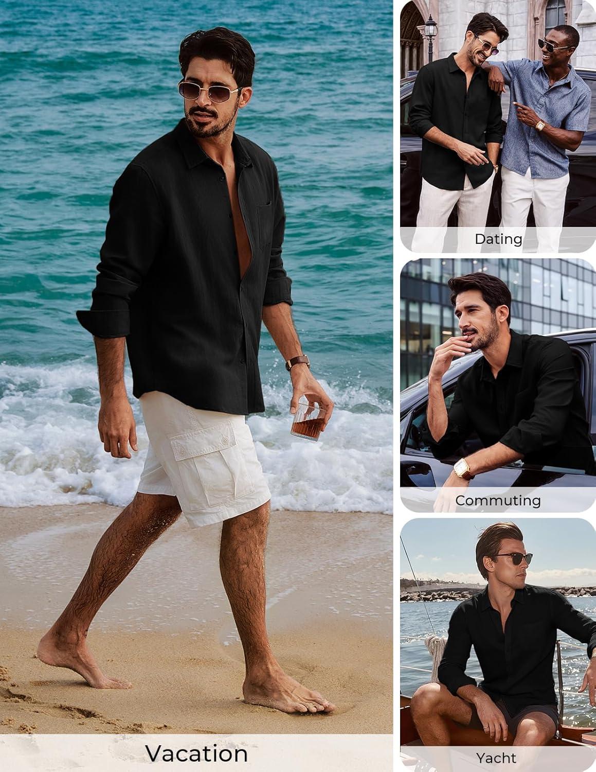imagePJ PAUL JONES Mens Casual Button Down Shirts Long Sleeve Linen Beach Wedding Shirt Summer Vacation Shirt for MenBlack
