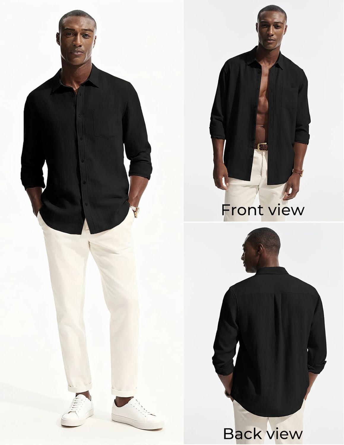 imagePJ PAUL JONES Mens Casual Button Down Shirts Long Sleeve Linen Beach Wedding Shirt Summer Vacation Shirt for MenBlack