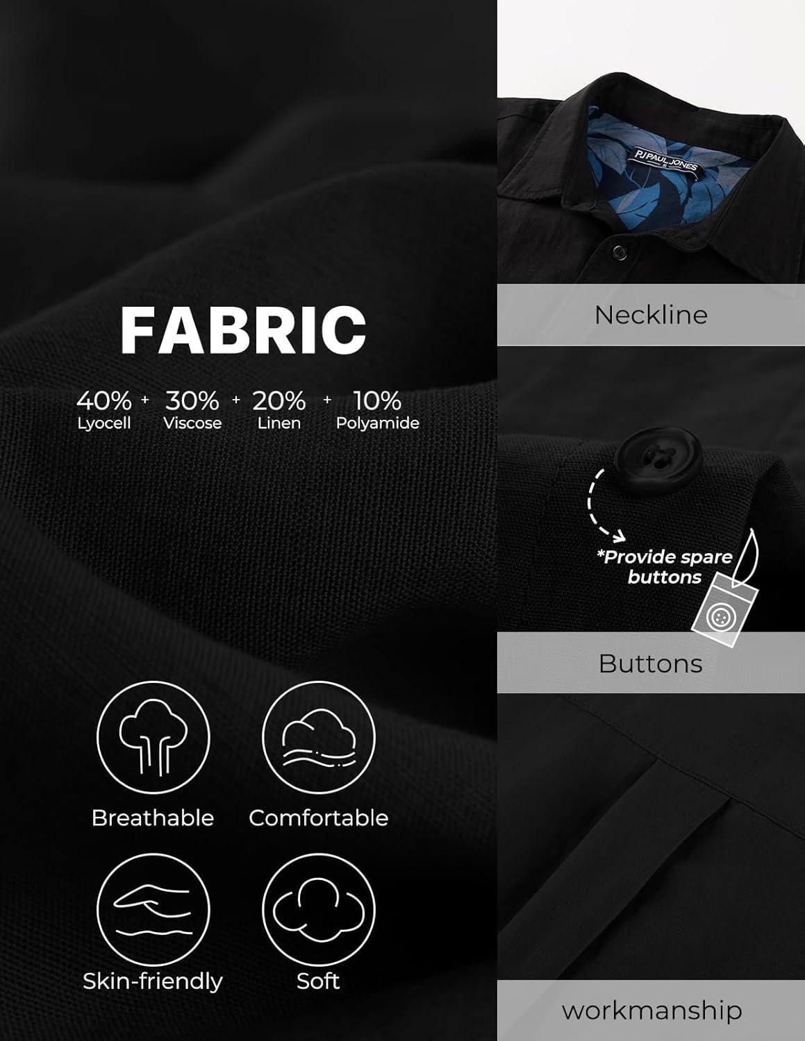 imagePJ PAUL JONES Mens Casual Button Down Shirts Long Sleeve Linen Beach Wedding Shirt Summer Vacation Shirt for MenBlack