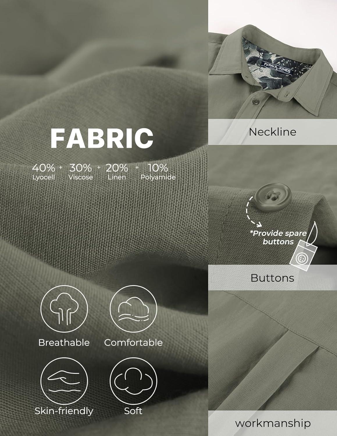 imagePJ PAUL JONES Mens Casual Button Down Shirts Long Sleeve Linen Beach Wedding Shirt Summer Vacation Shirt for MenGray Green