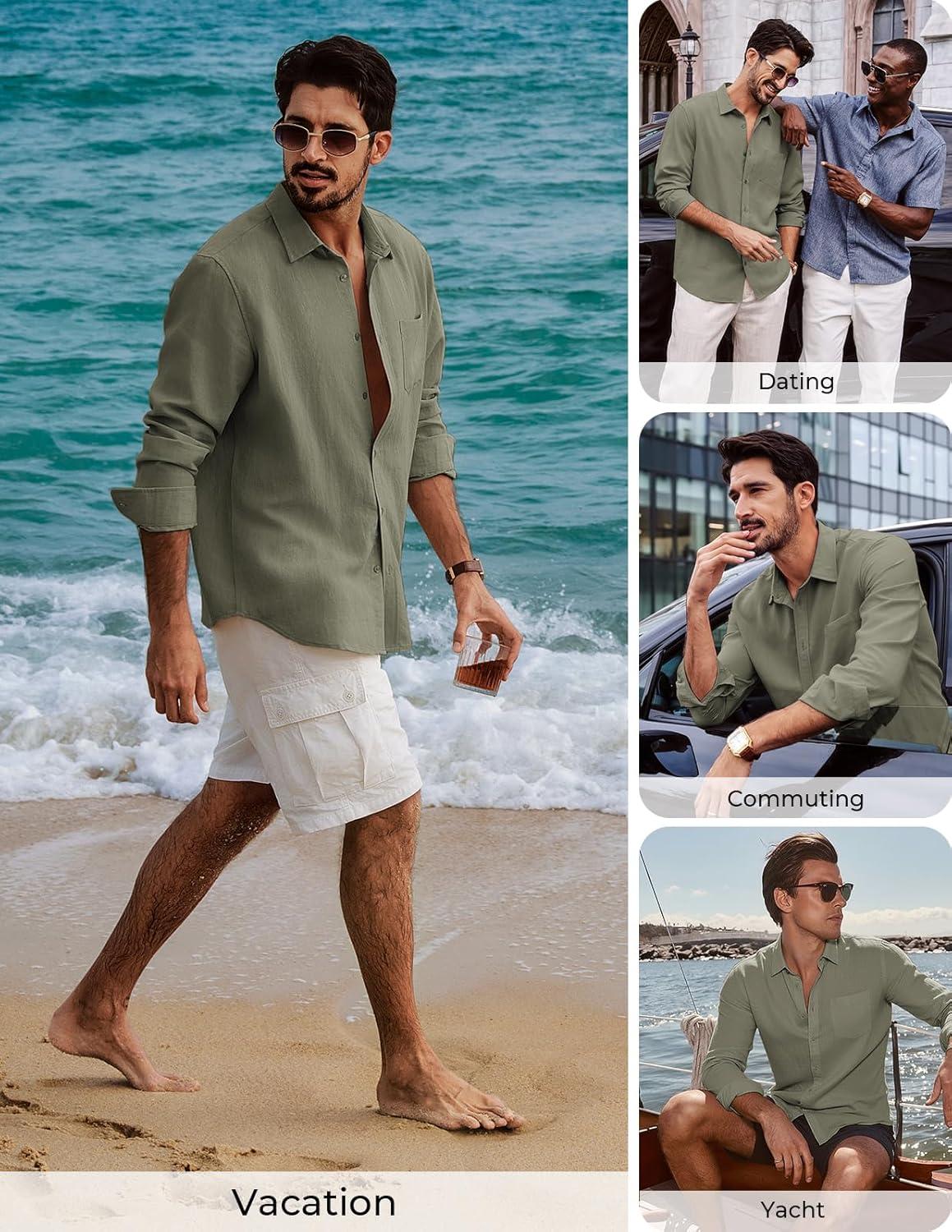 imagePJ PAUL JONES Mens Casual Button Down Shirts Long Sleeve Linen Beach Wedding Shirt Summer Vacation Shirt for MenGray Green