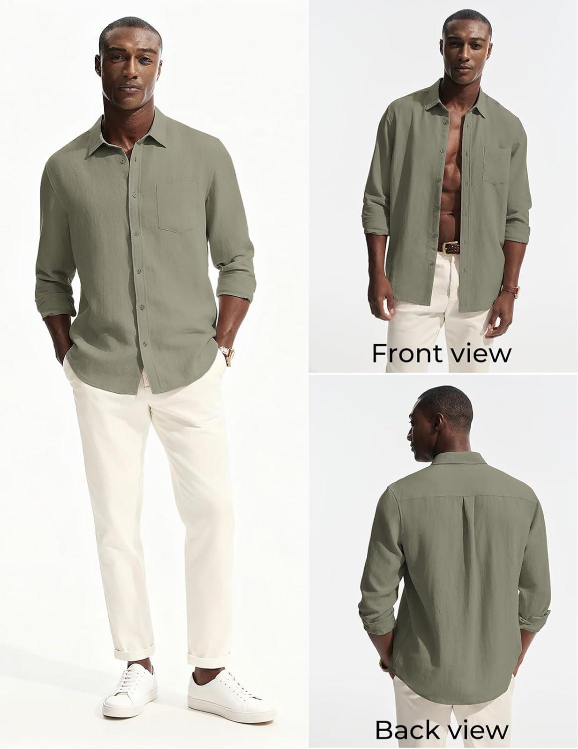 imagePJ PAUL JONES Mens Casual Button Down Shirts Long Sleeve Linen Beach Wedding Shirt Summer Vacation Shirt for MenGray Green