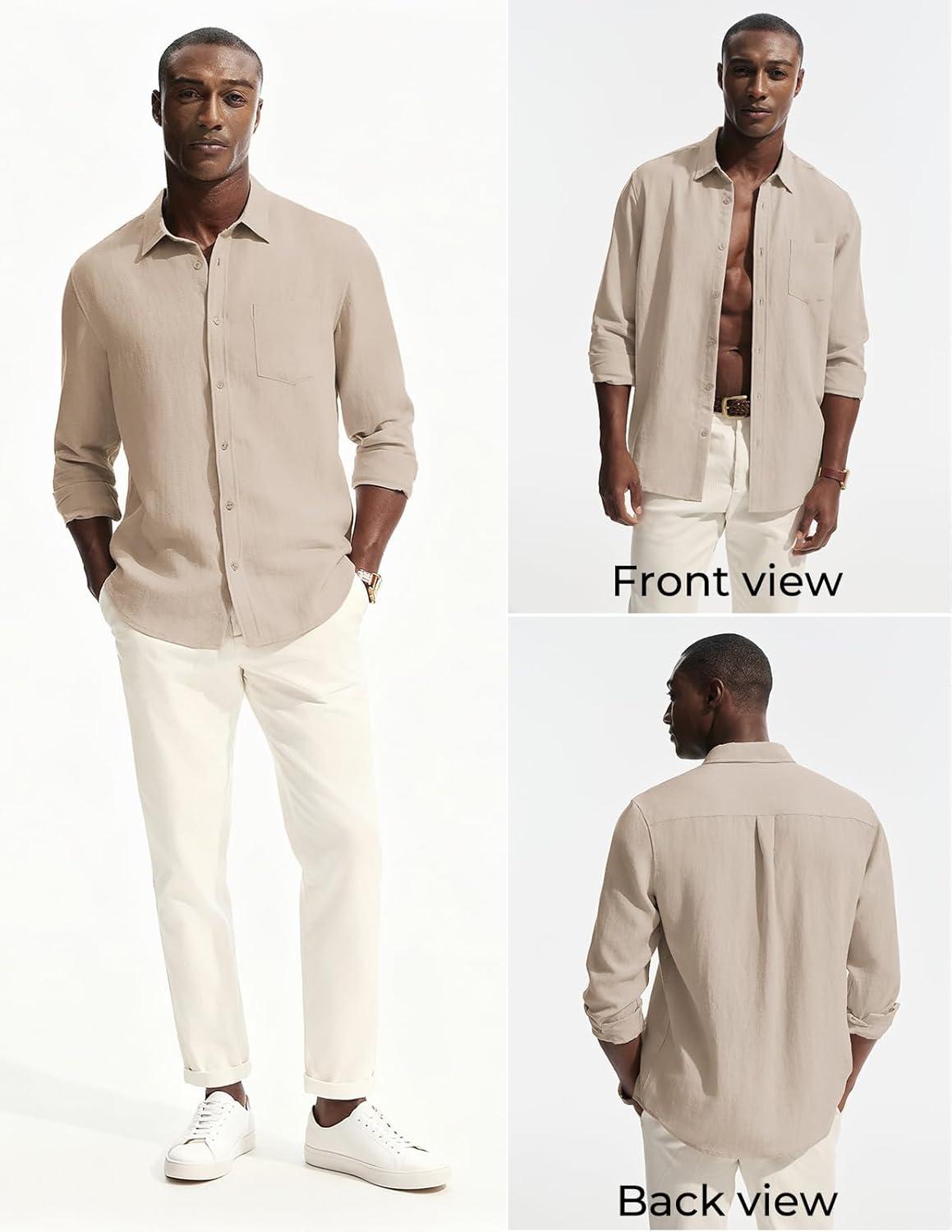 imagePJ PAUL JONES Mens Casual Button Down Shirts Long Sleeve Linen Beach Wedding Shirt Summer Vacation Shirt for MenKhaki