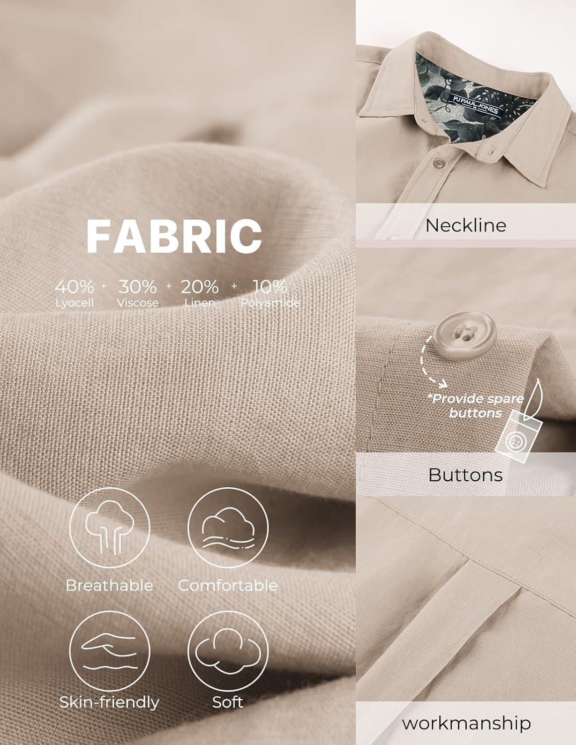 imagePJ PAUL JONES Mens Casual Button Down Shirts Long Sleeve Linen Beach Wedding Shirt Summer Vacation Shirt for MenKhaki