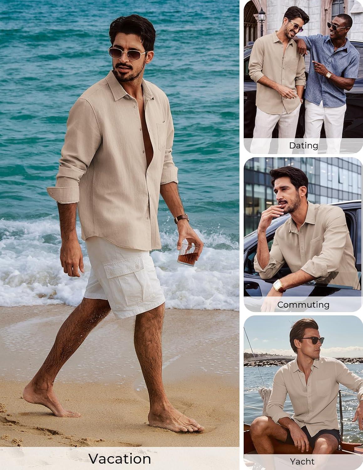 imagePJ PAUL JONES Mens Casual Button Down Shirts Long Sleeve Linen Beach Wedding Shirt Summer Vacation Shirt for MenKhaki