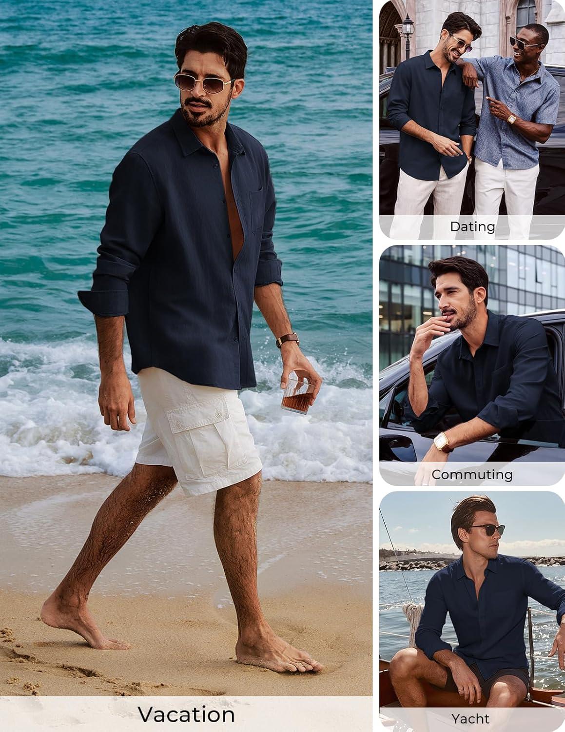 imagePJ PAUL JONES Mens Casual Button Down Shirts Long Sleeve Linen Beach Wedding Shirt Summer Vacation Shirt for MenNavy