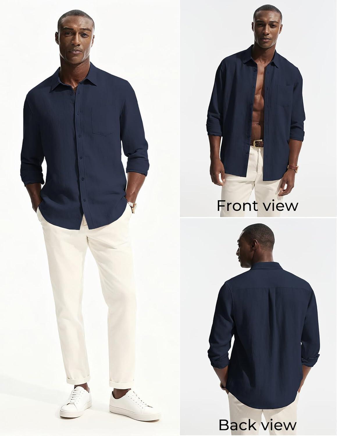 imagePJ PAUL JONES Mens Casual Button Down Shirts Long Sleeve Linen Beach Wedding Shirt Summer Vacation Shirt for MenNavy
