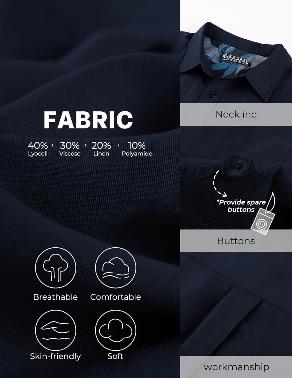 imagePJ PAUL JONES Mens Casual Button Down Shirts Long Sleeve Linen Beach Wedding Shirt Summer Vacation Shirt for MenNavy