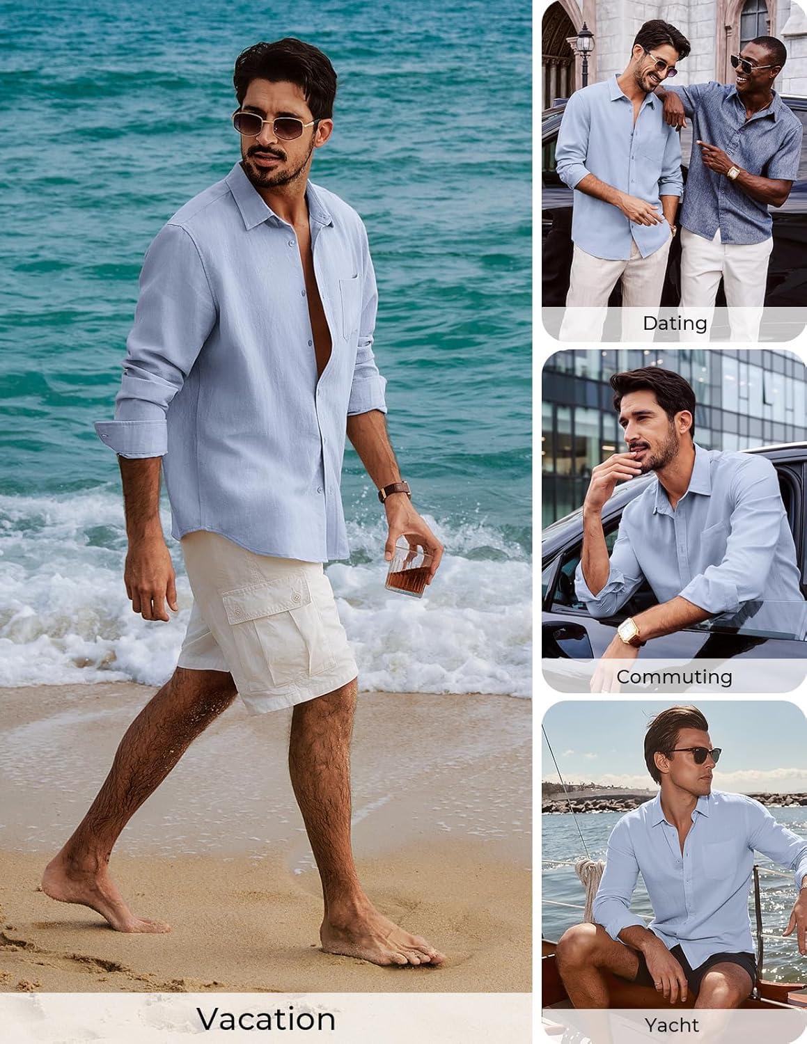 imagePJ PAUL JONES Mens Casual Button Down Shirts Long Sleeve Linen Beach Wedding Shirt Summer Vacation Shirt for MenSky Blue