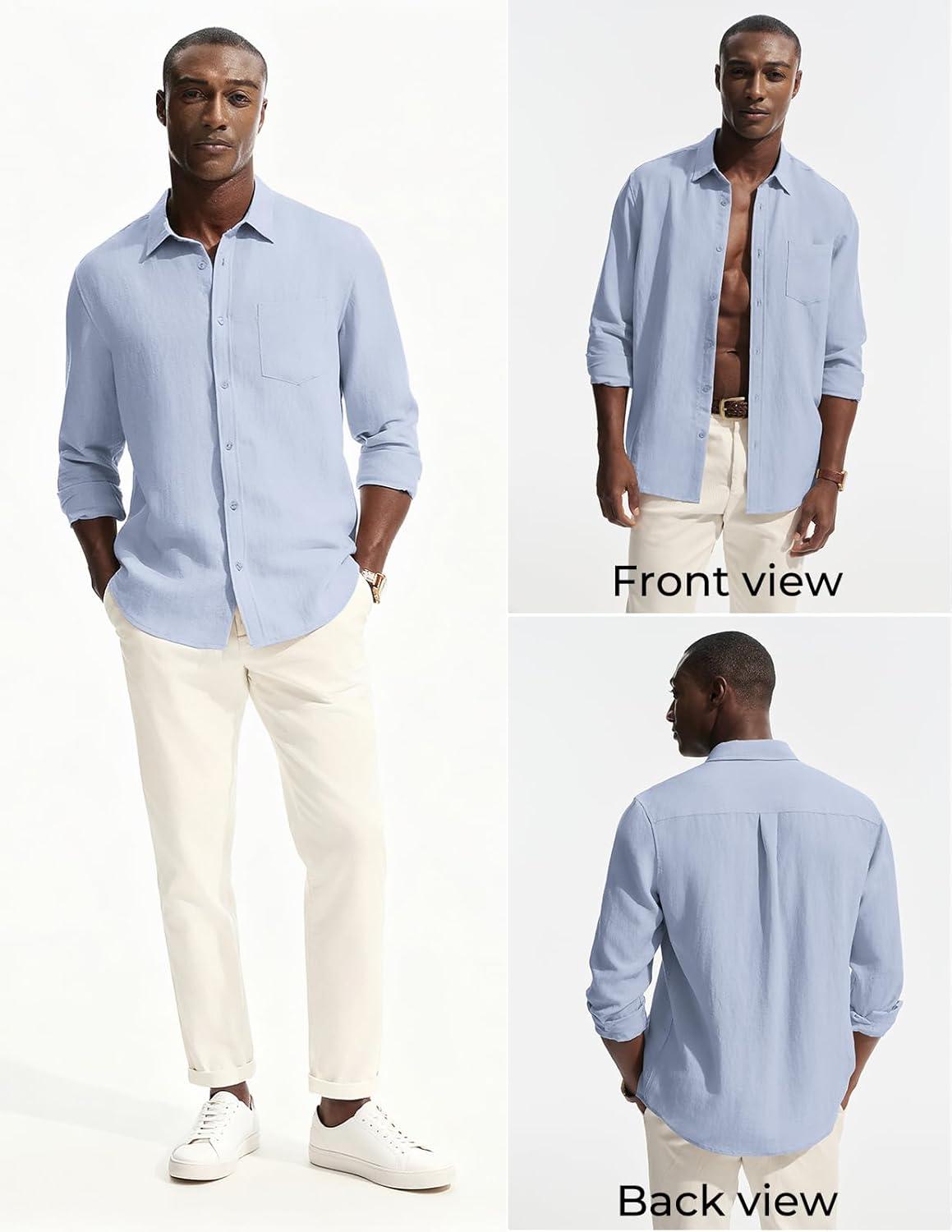 imagePJ PAUL JONES Mens Casual Button Down Shirts Long Sleeve Linen Beach Wedding Shirt Summer Vacation Shirt for MenSky Blue