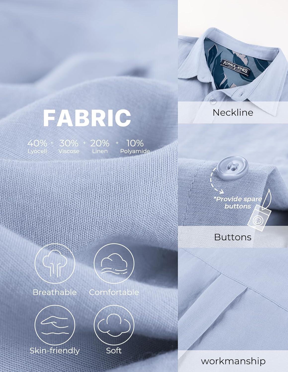 imagePJ PAUL JONES Mens Casual Button Down Shirts Long Sleeve Linen Beach Wedding Shirt Summer Vacation Shirt for MenSky Blue