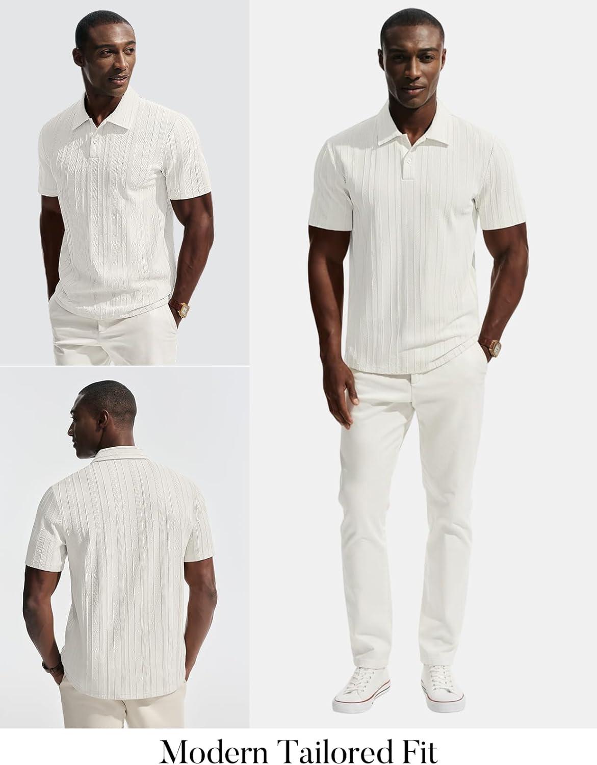 imagePJ PAUL JONES Mens Knit Polo Shirts Short Sleeve Textured Polo Shirt Casual Collared Button ShirtsWhite