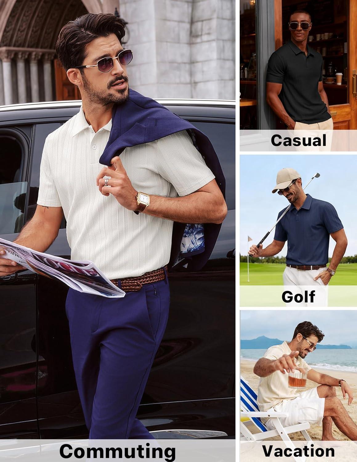 imagePJ PAUL JONES Mens Knit Polo Shirts Short Sleeve Textured Polo Shirt Casual Collared Button ShirtsWhite