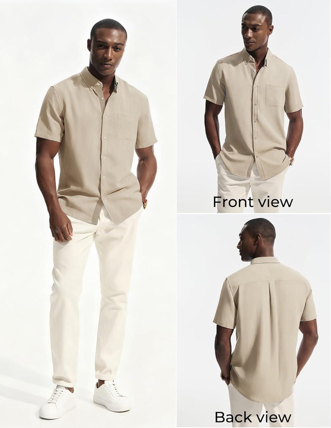 imagePJ PAUL JONES Mens Linen Shirt Button Down Short Sleeve Chambray Shirt Untucked Shirts for MenApricot