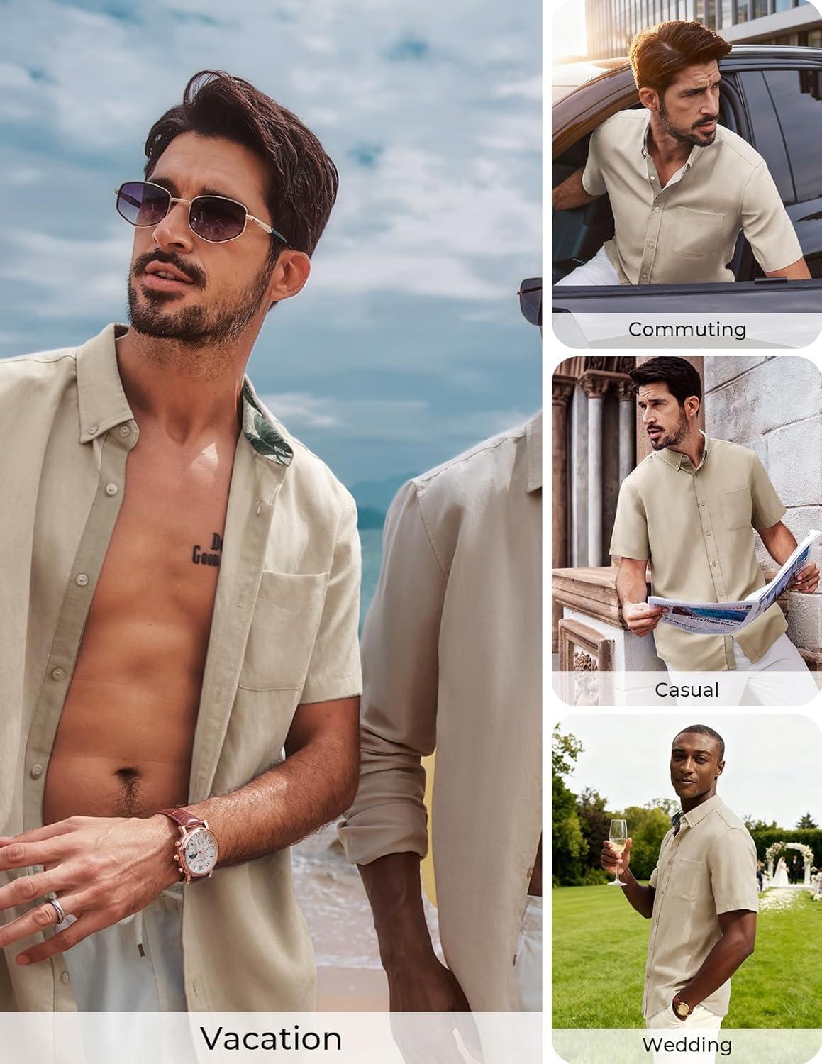 imagePJ PAUL JONES Mens Linen Shirt Button Down Short Sleeve Chambray Shirt Untucked Shirts for MenApricot