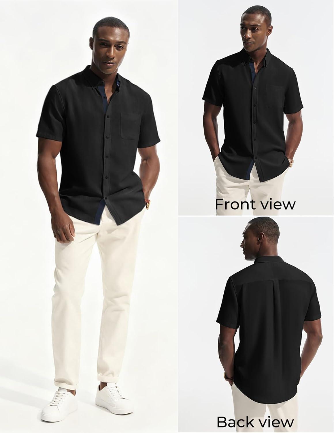 imagePJ PAUL JONES Mens Linen Shirt Button Down Short Sleeve Chambray Shirt Untucked Shirts for MenBlack